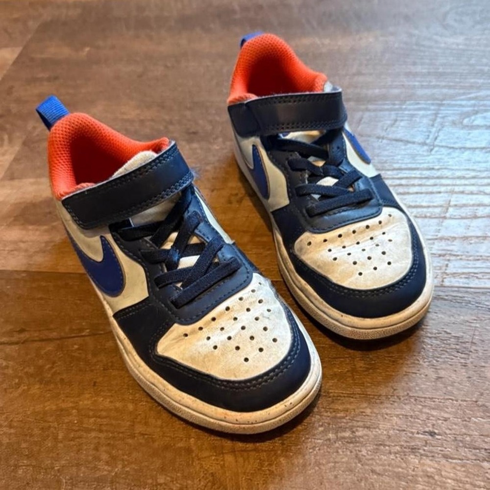 Nike Court Kids Sneakers Size 11C Blue White Orange Hook & Loop Athletic Shoes - Picture 2 of 5